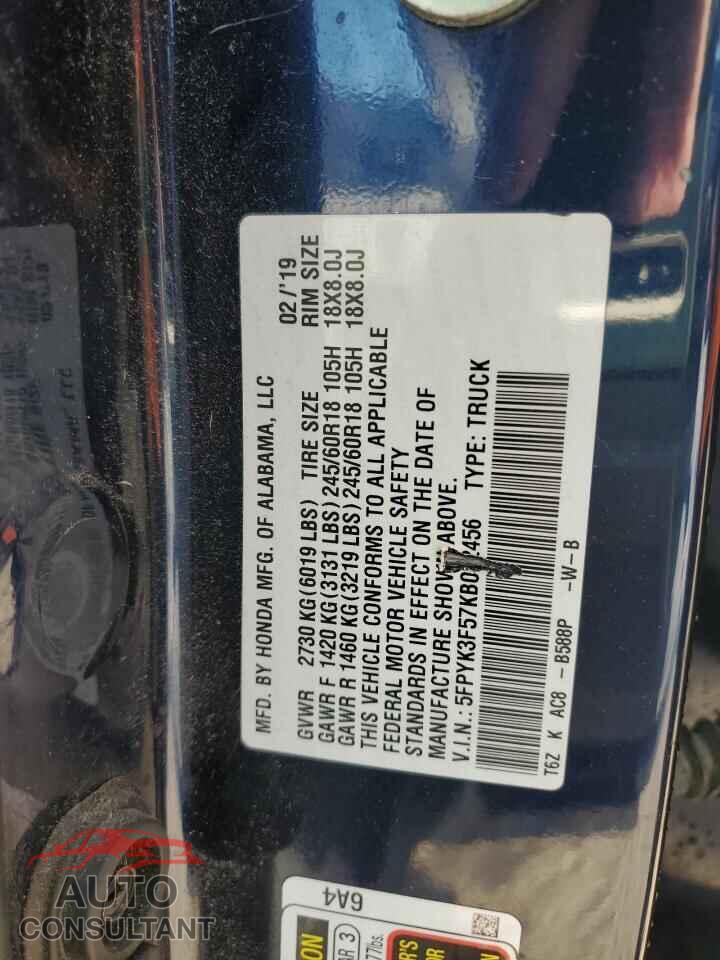 HONDA RIDGELINE 2019 - 5FPYK3F57KB032456