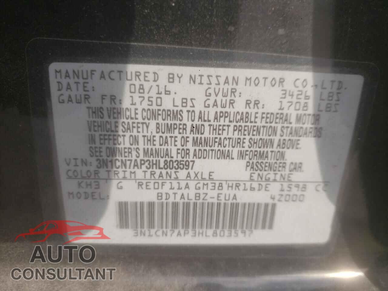 NISSAN VERSA 2017 - 3N1CN7AP3HL803597