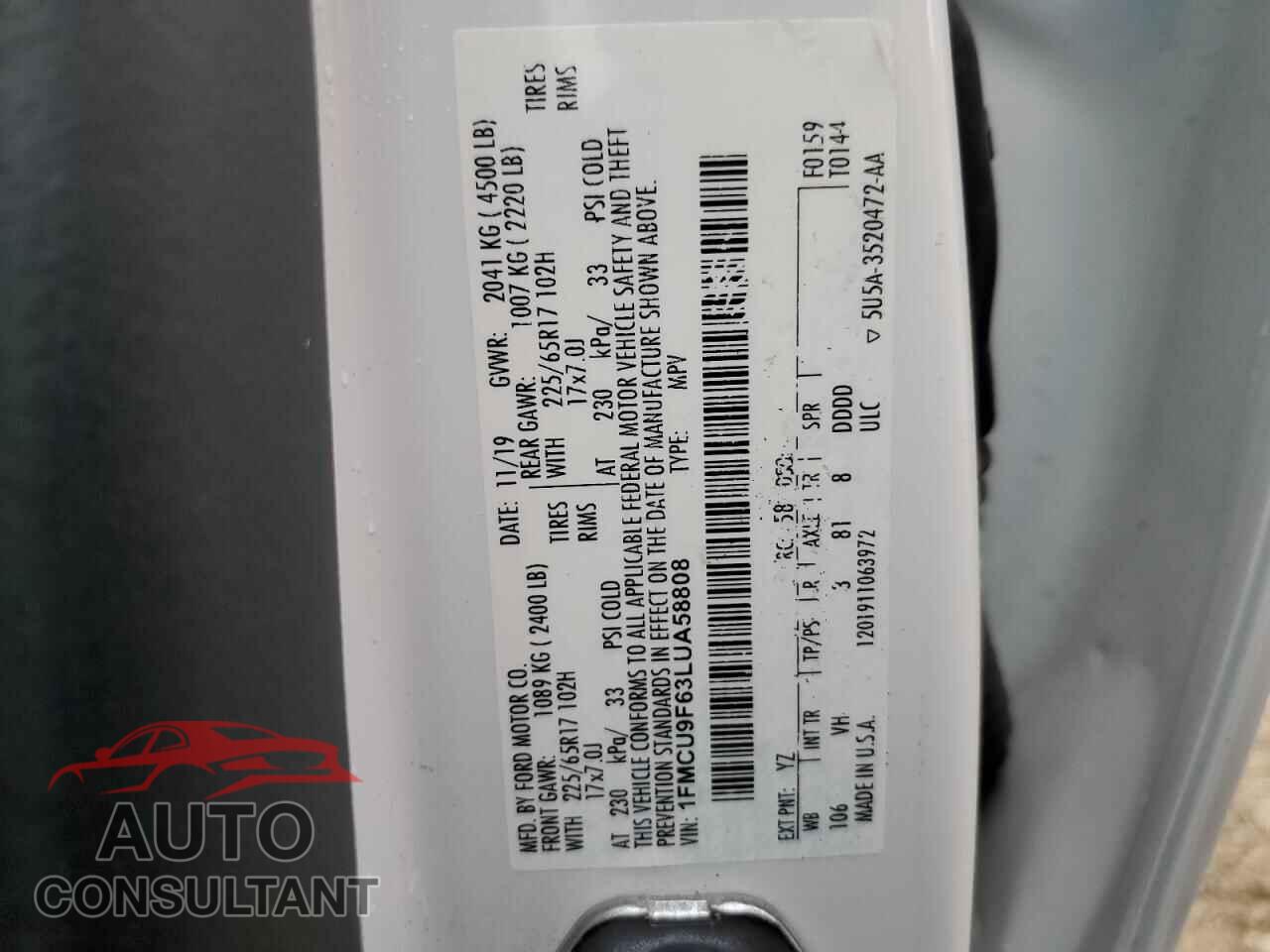 FORD ESCAPE 2020 - 1FMCU9F63LUA58808