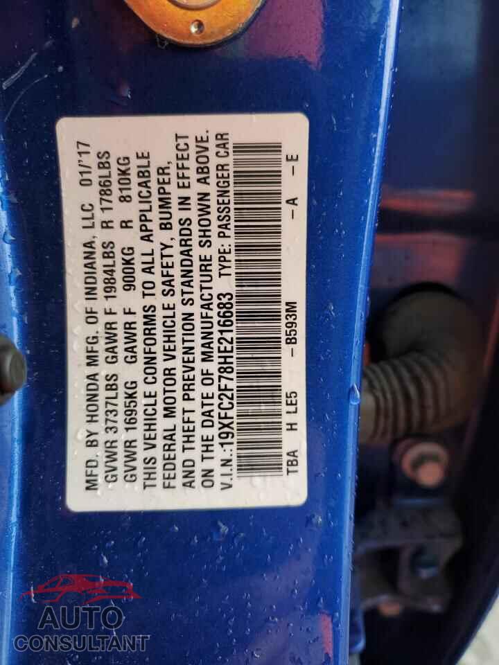 HONDA CIVIC 2017 - 19XFC2F78HE216683