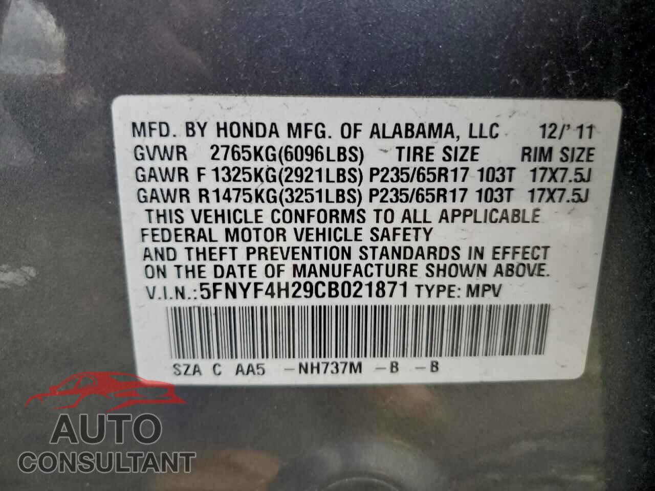 HONDA PILOT 2012 - 5FNYF4H29CB021871