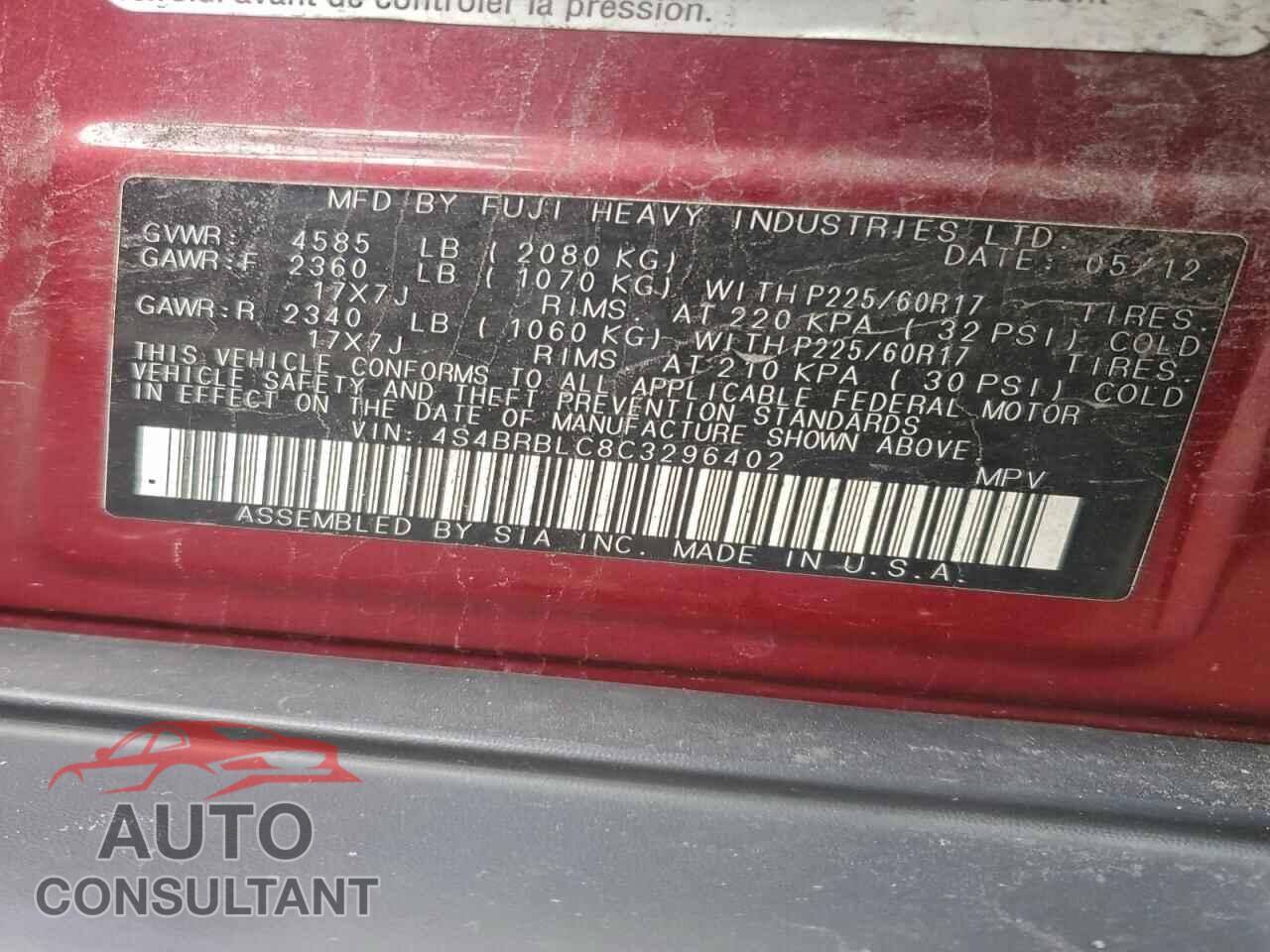 SUBARU OUTBACK 2012 - 4S4BRBLC8C3296402