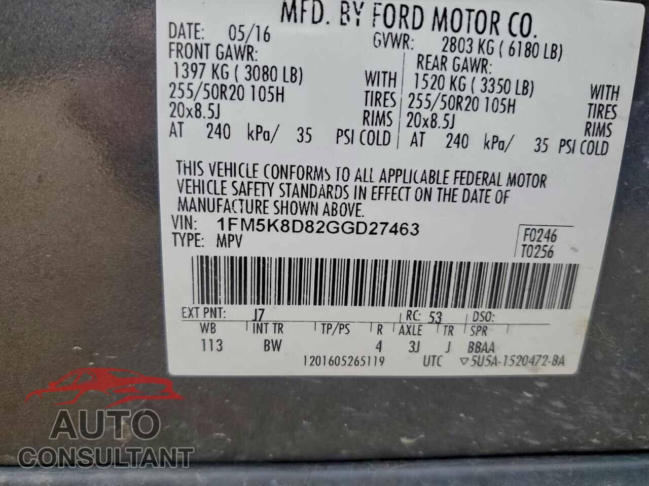 FORD EXPLORER 2016 - 1FM5K8D82GGD27463