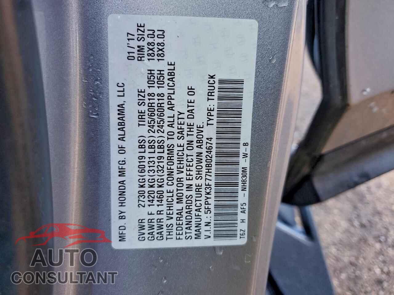 HONDA RIDGELINE 2017 - 5FPYK3F77HB024674
