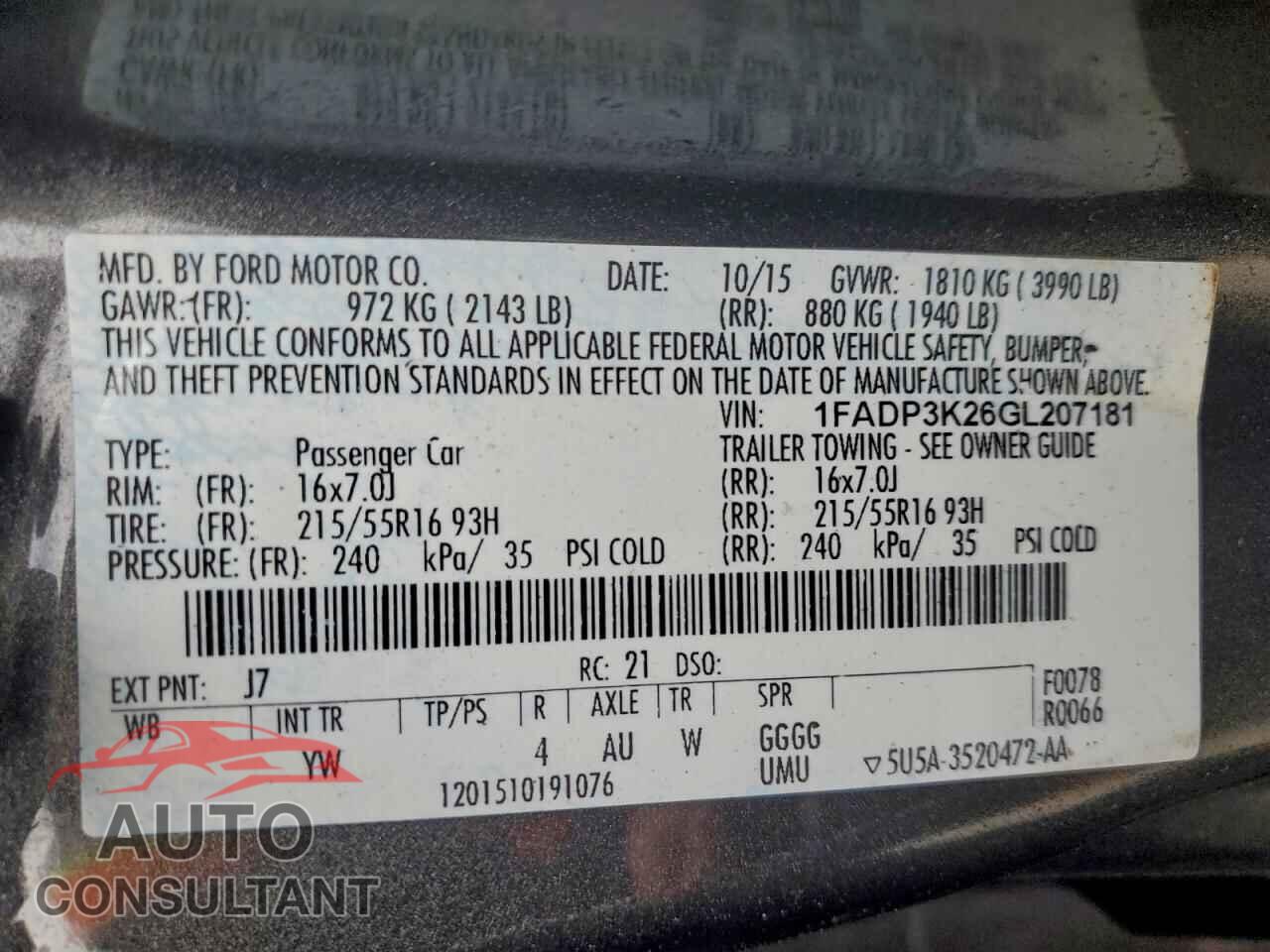 FORD FOCUS 2016 - 1FADP3K26GL207181