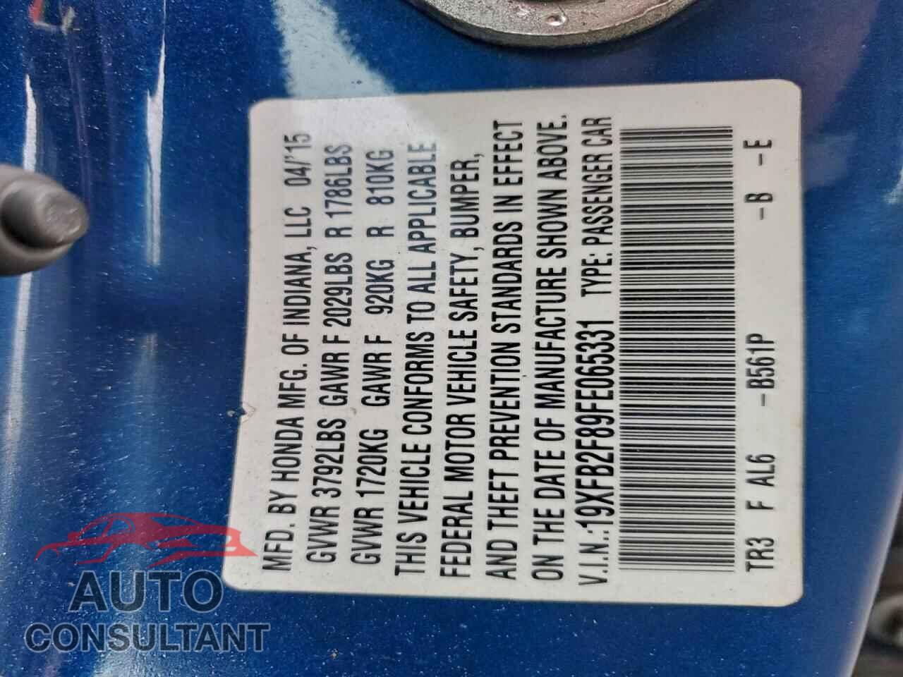 HONDA CIVIC 2015 - 19XFB2F89FE065331