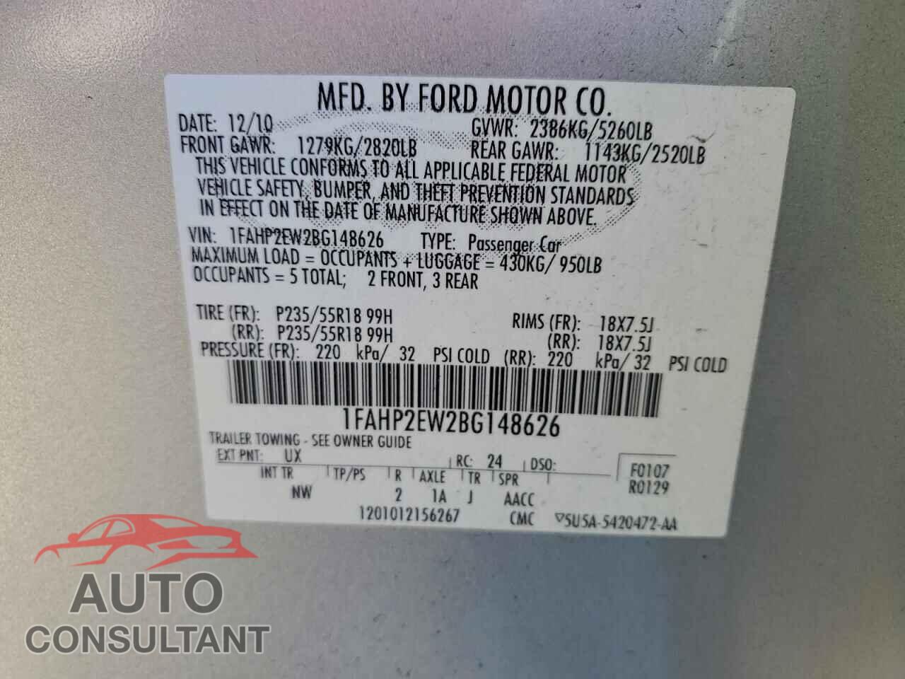 FORD TAURUS 2011 - 1FAHP2EW2BG148626