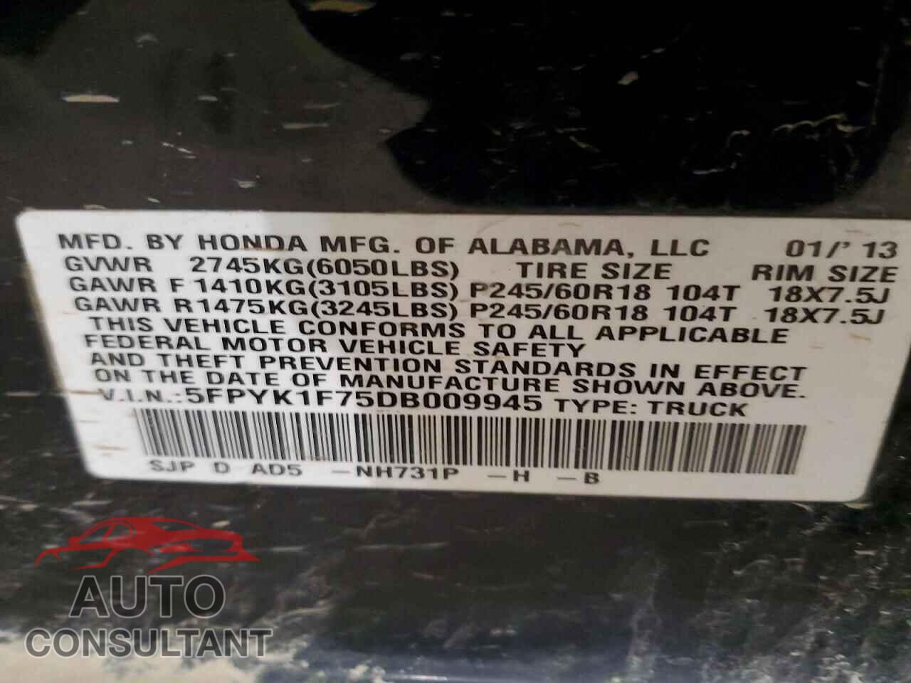 HONDA RIDGELINE 2013 - 5FPYK1F75DB009945