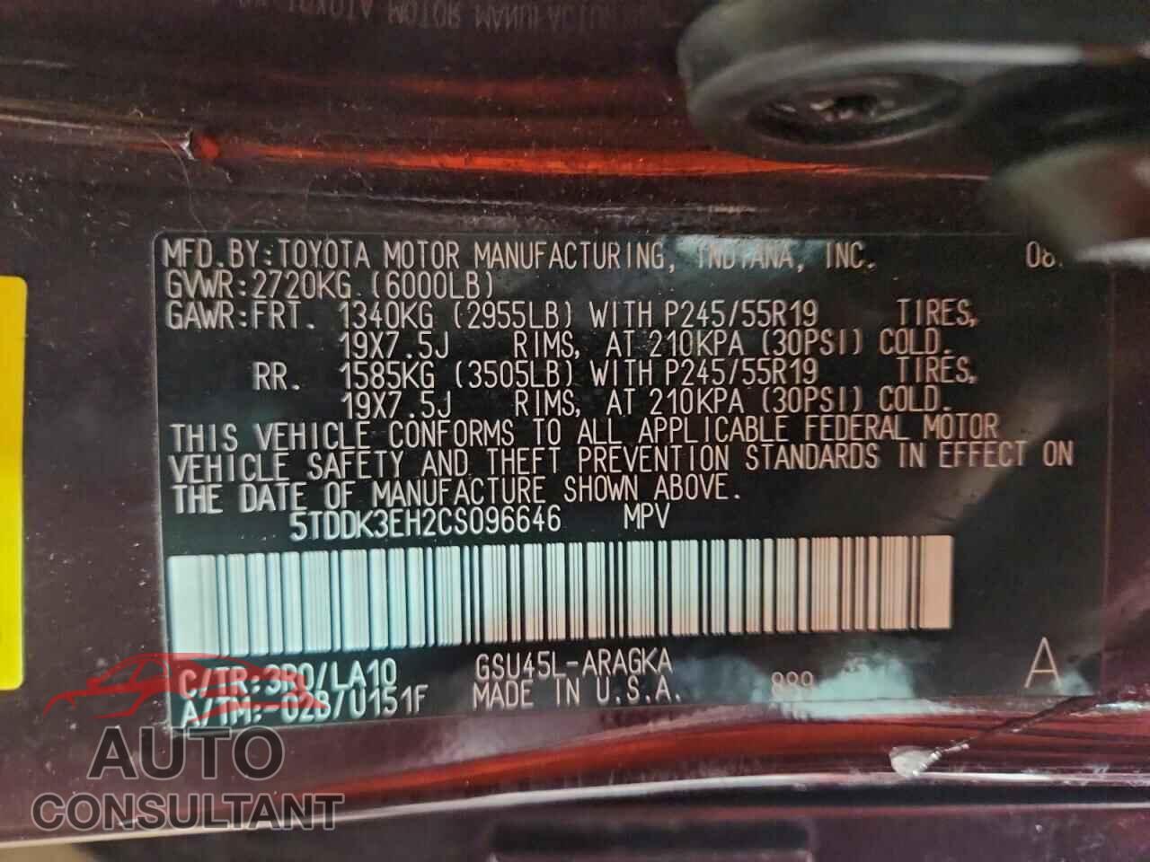 TOYOTA HIGHLANDER 2012 - 5TDDK3EH2CS096646