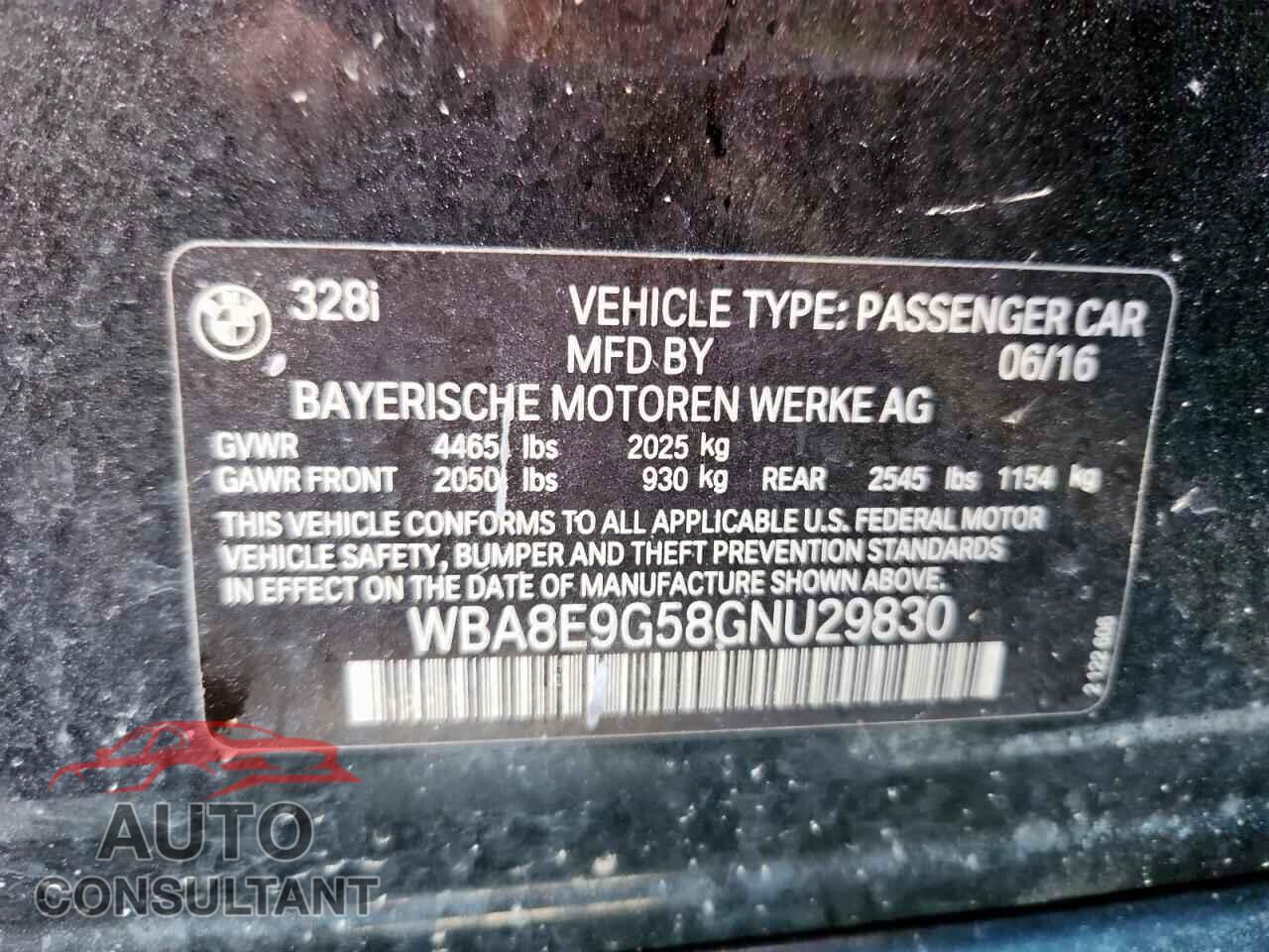 BMW 3 SERIES 2016 - WBA8E9G58GNU29830