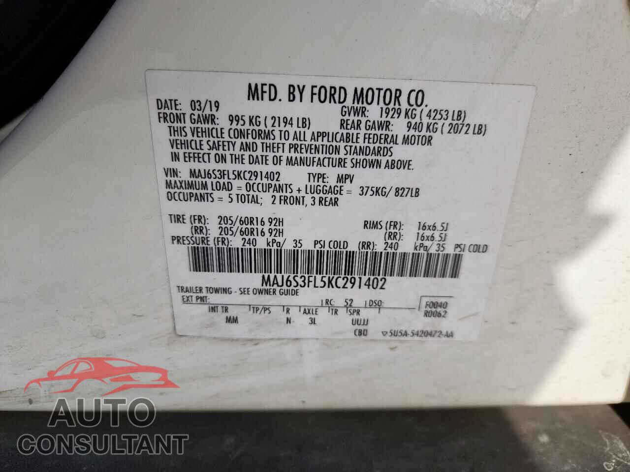 FORD ECOSPORT 2019 - MAJ6S3FL5KC291402