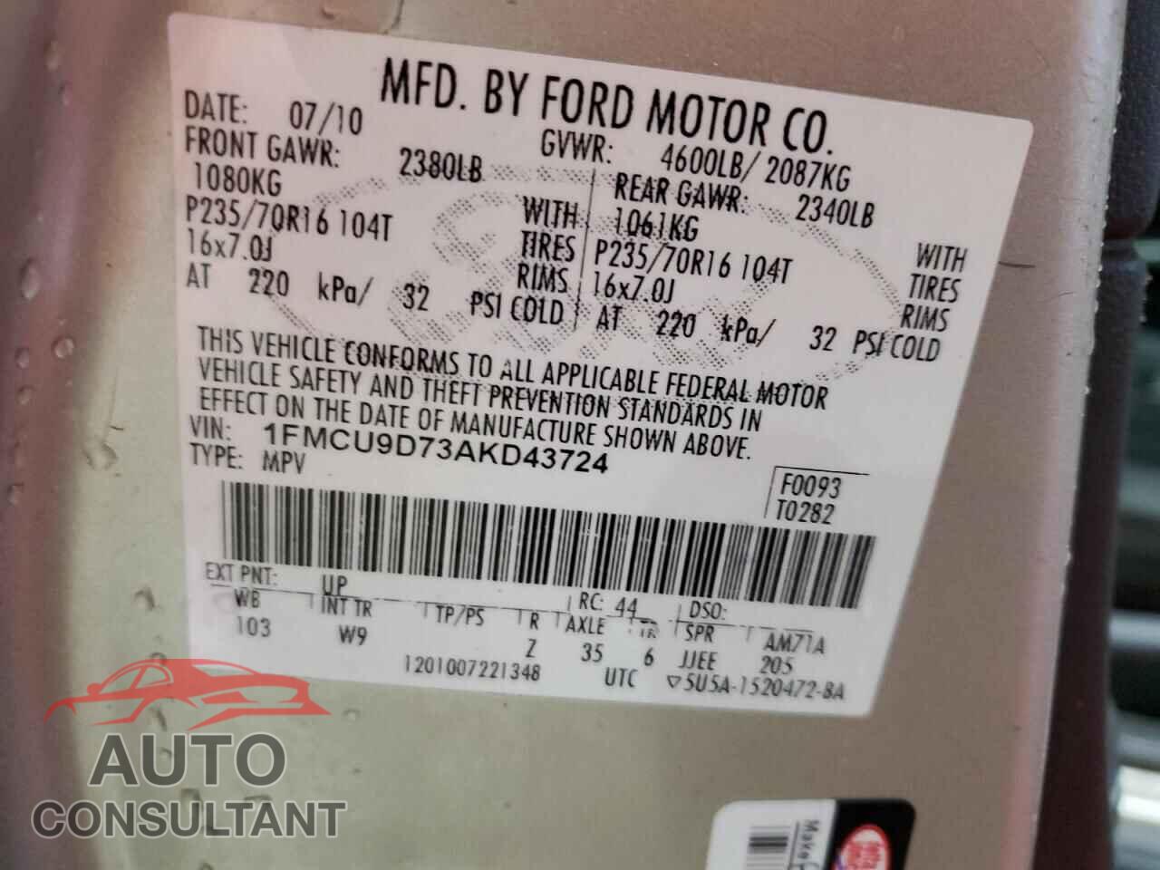 FORD ESCAPE 2010 - 1FMCU9D73AKD43724