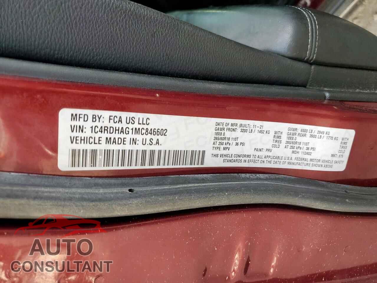 DODGE DURANGO 2021 - 1C4RDHAG1MC846602