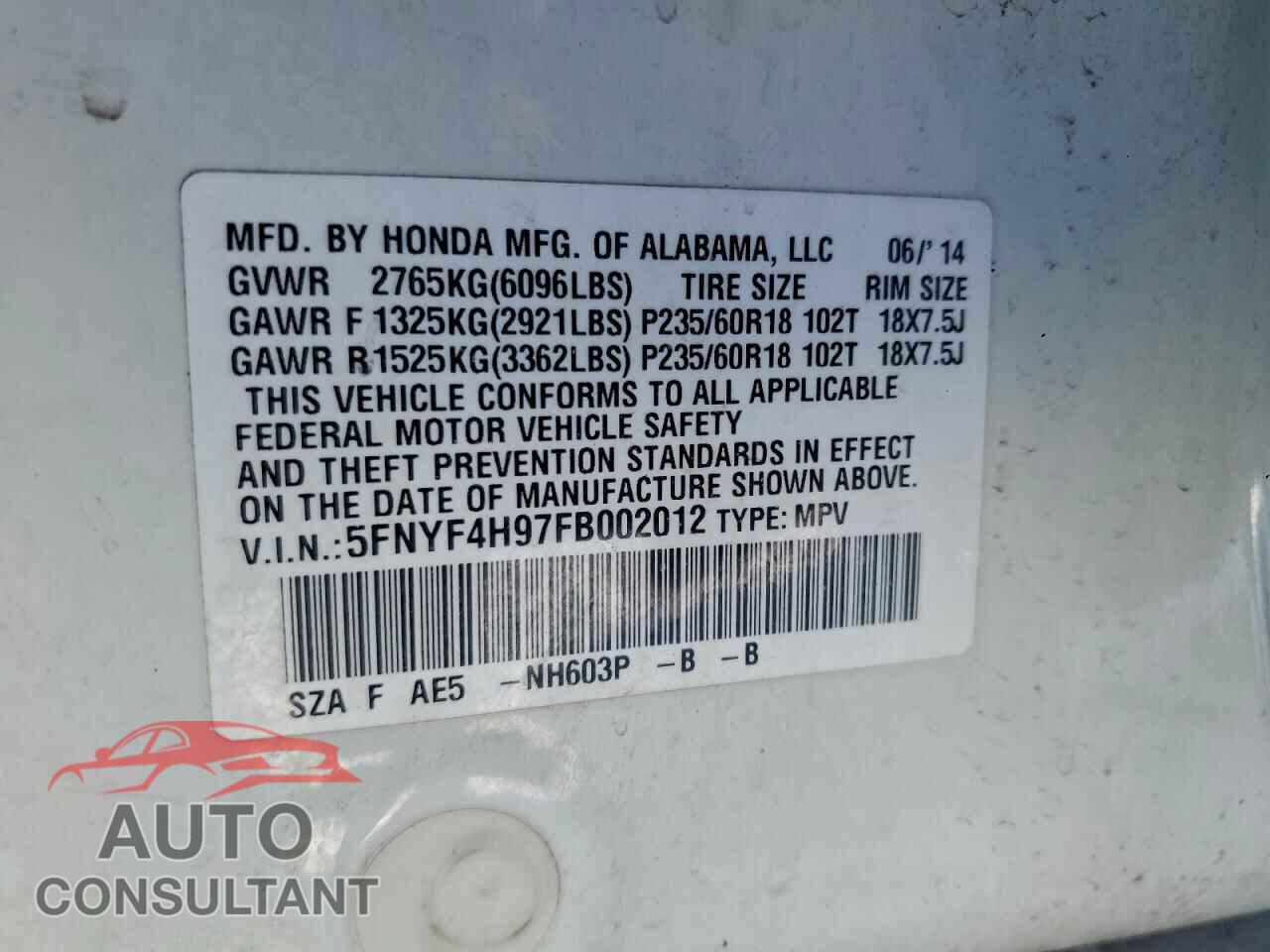 HONDA PILOT 2015 - 5FNYF4H97FB002012