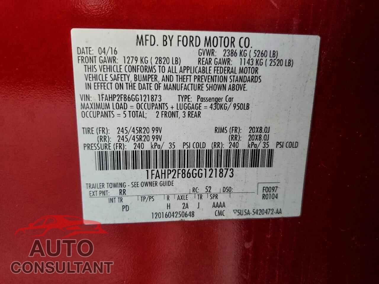 FORD TAURUS 2016 - 1FAHP2F86GG121873