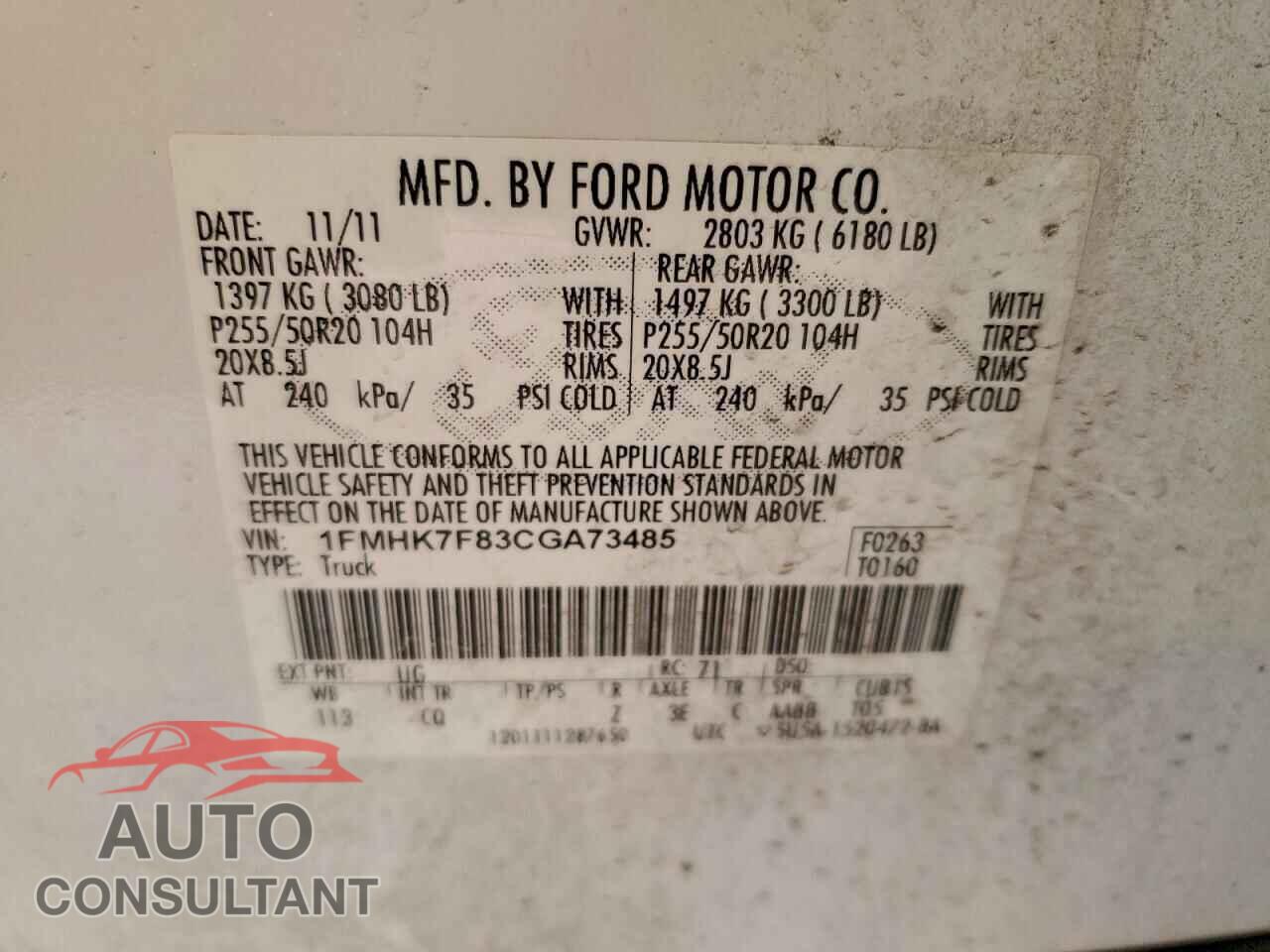FORD EXPLORER 2012 - 1FMHK7F83CGA73485