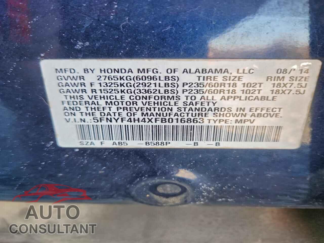 HONDA PILOT 2015 - 5FNYF4H4XFB016863