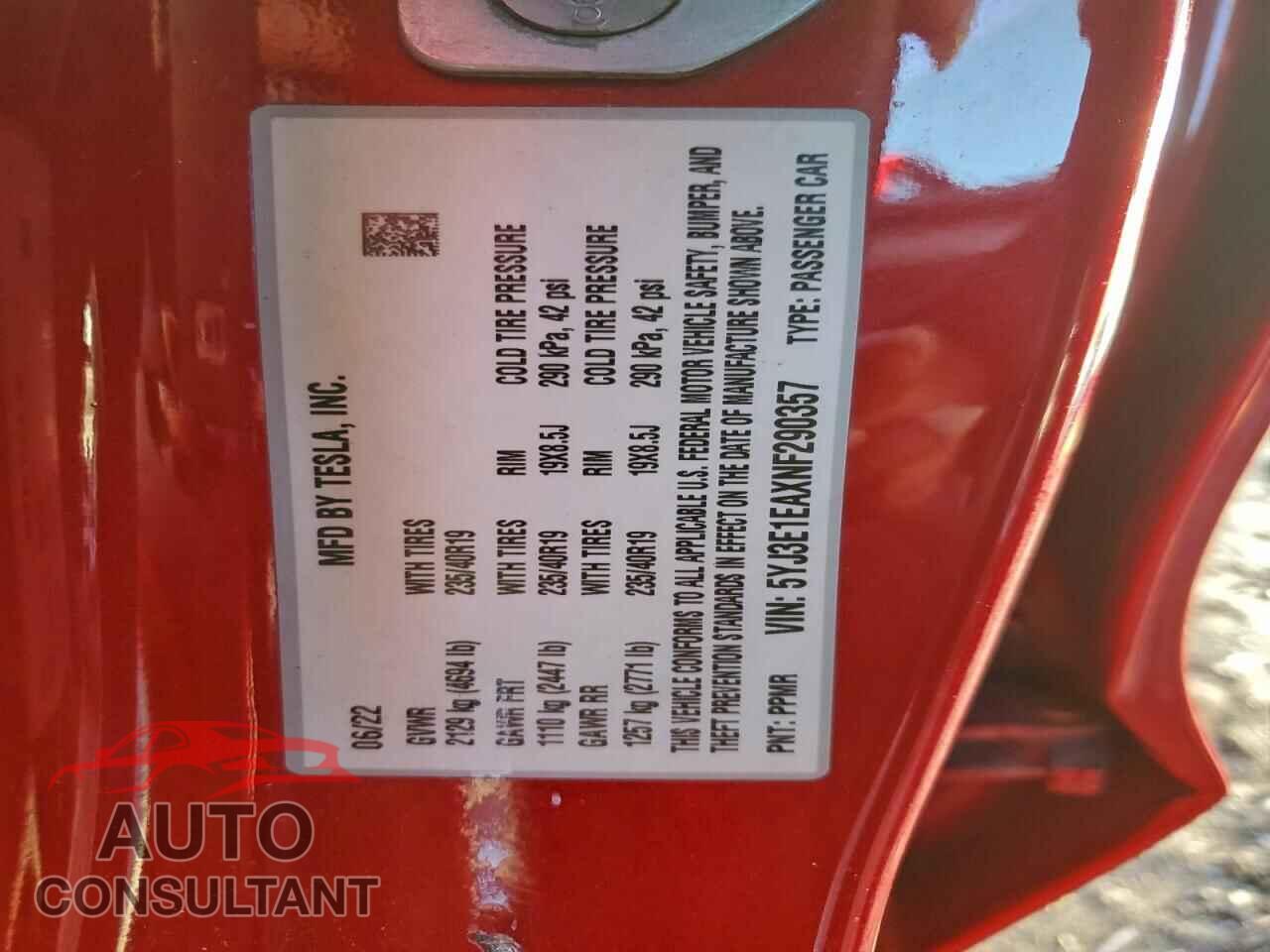 TESLA MODEL 3 2022 - 5YJ3E1EAXNF290357