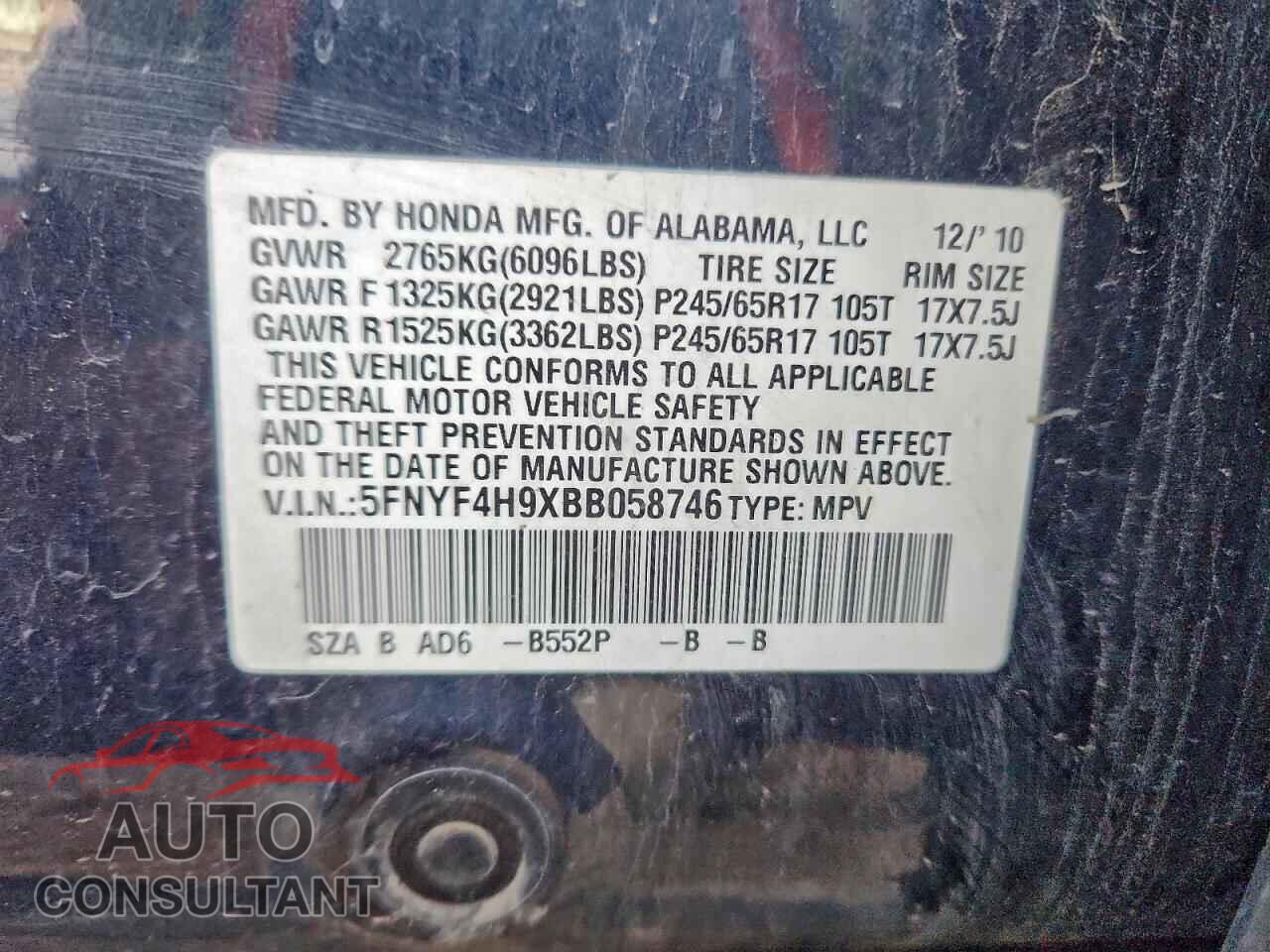 HONDA PILOT 2011 - 5FNYF4H9XBB058746