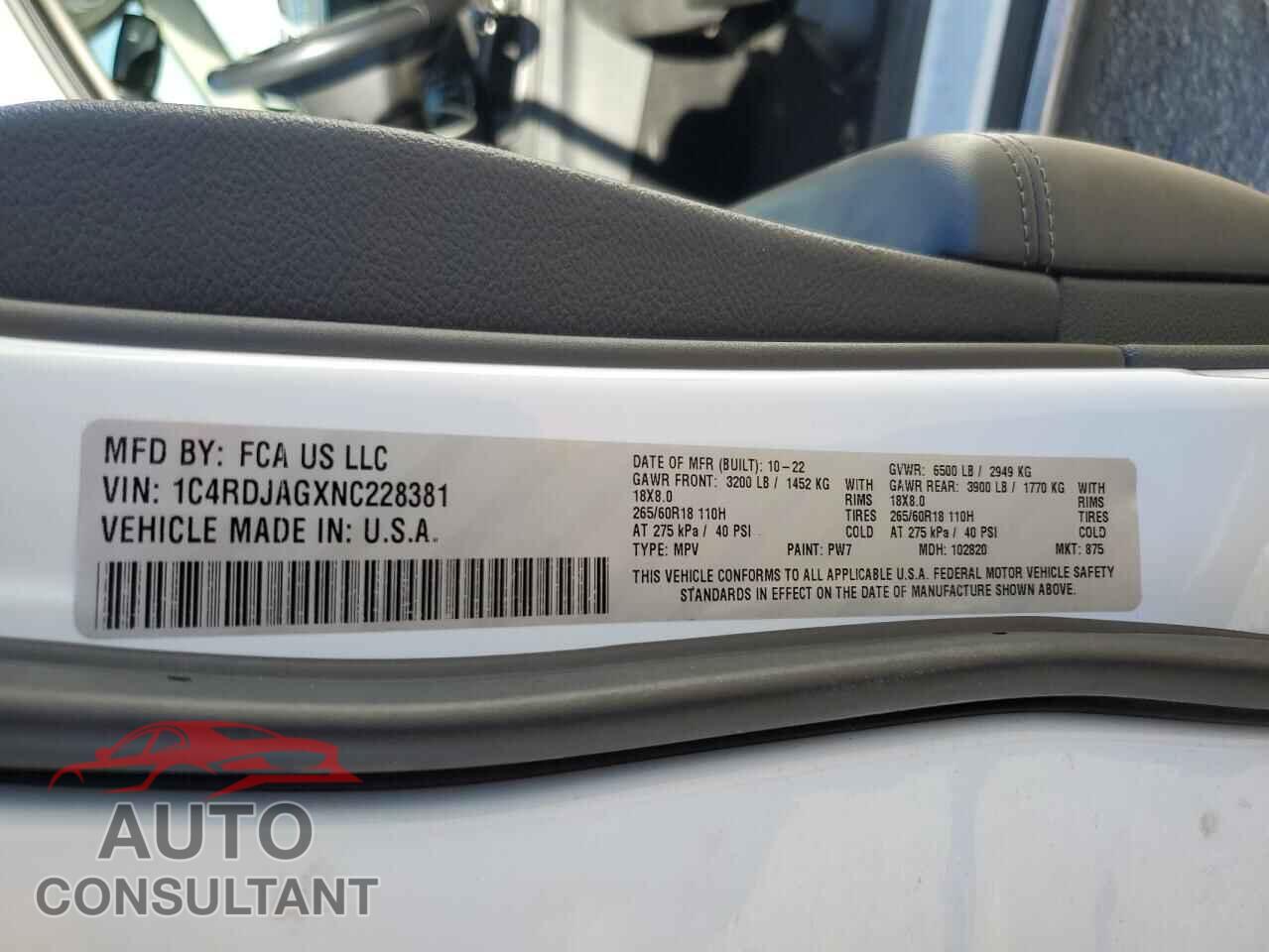 DODGE DURANGO 2022 - 1C4RDJAGXNC228381