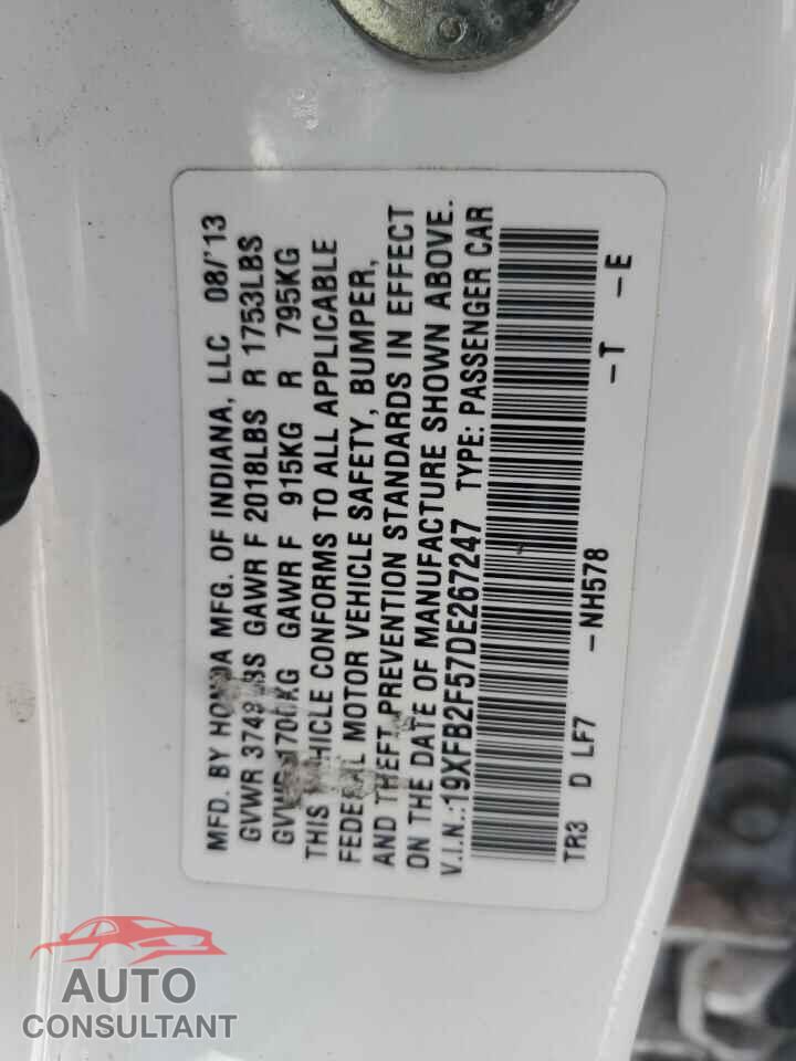 HONDA CIVIC 2013 - 19XFB2F57DE267247