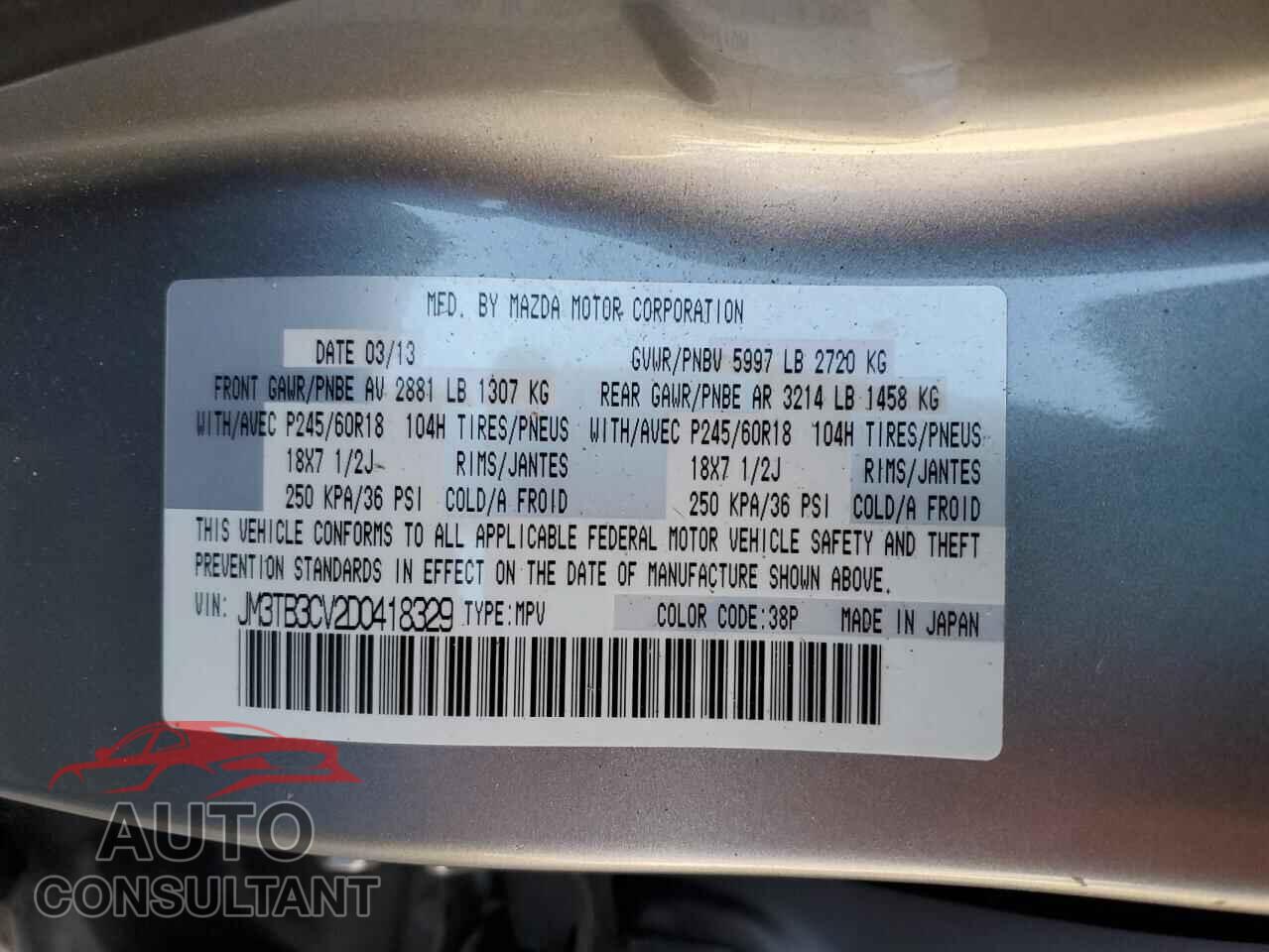 MAZDA CX-9 2013 - JM3TB3CV2D0418329
