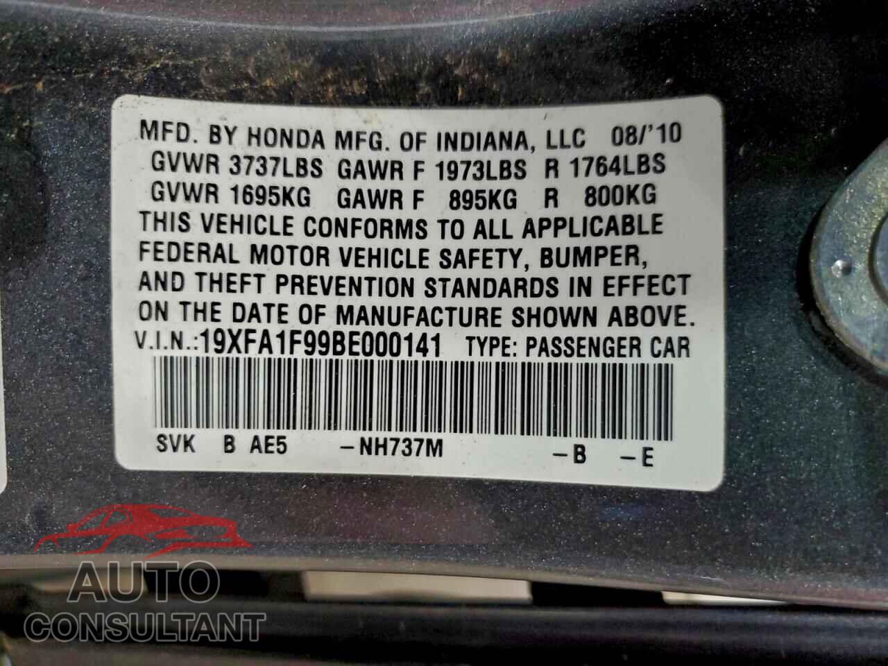 HONDA CIVIC 2011 - 19XFA1F99BE000141
