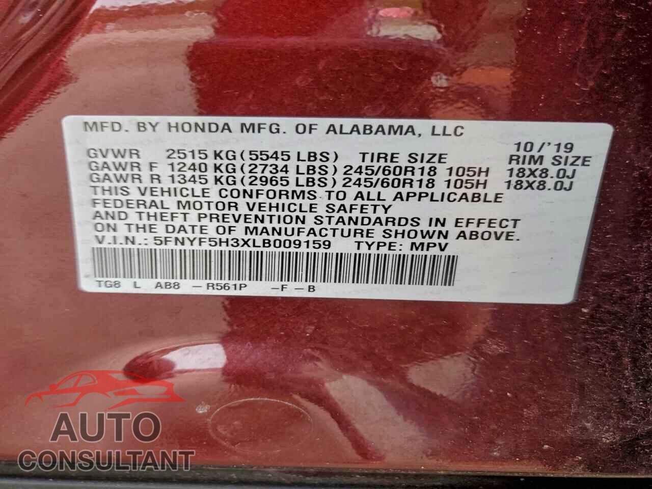HONDA PILOT 2020 - 5FNYF5H3XLB009159