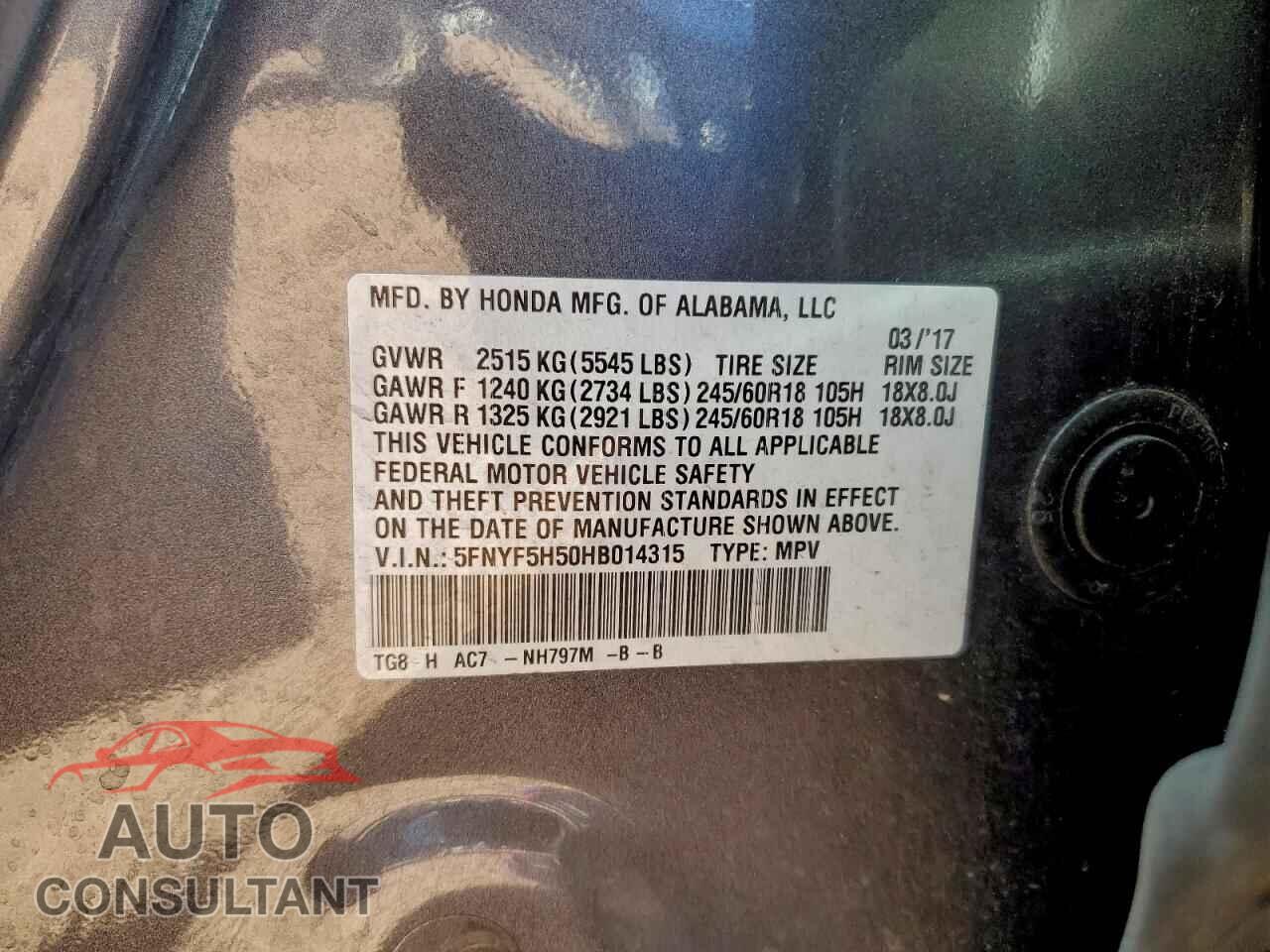 HONDA PILOT 2017 - 5FNYF5H50HB014315