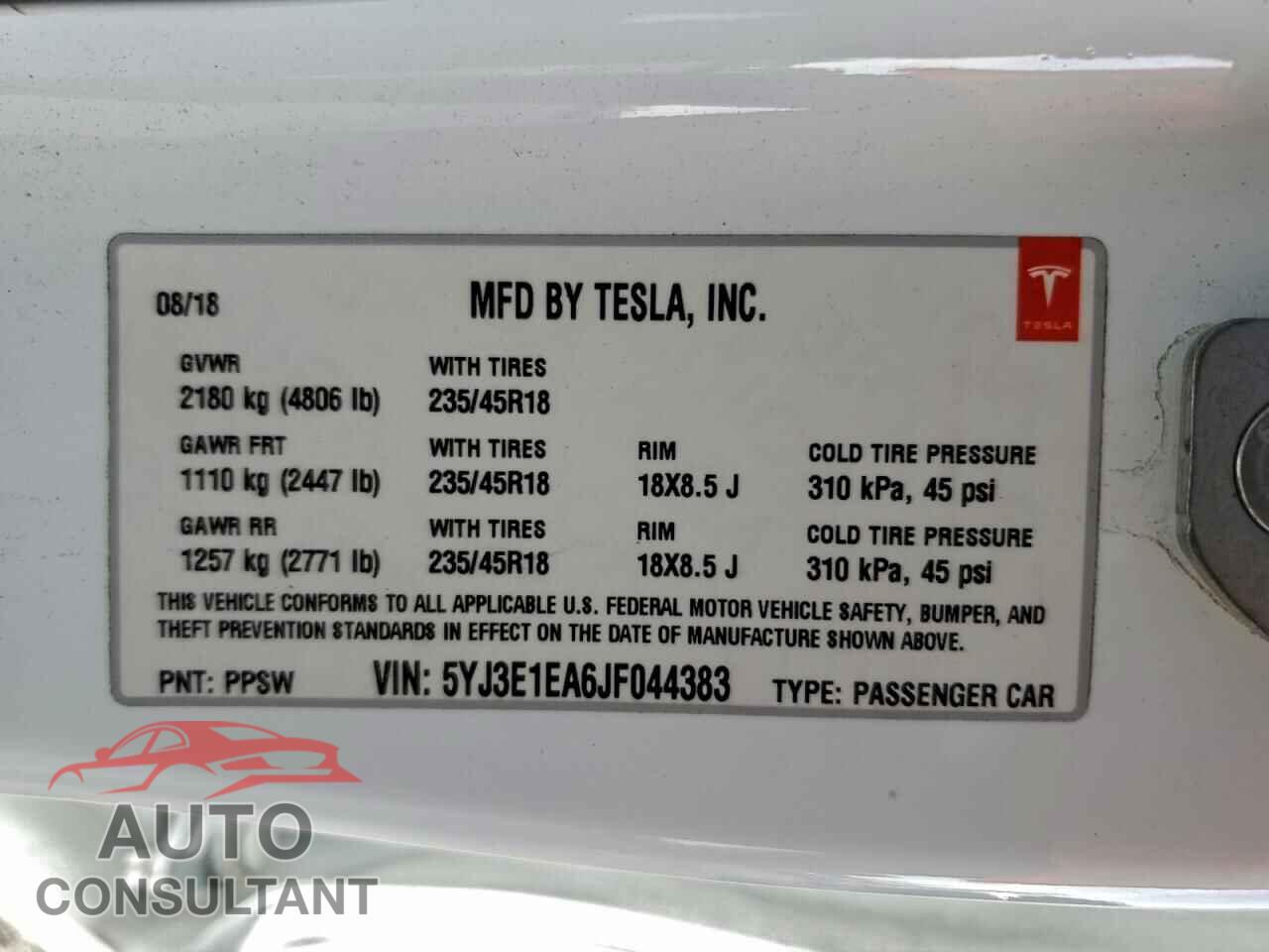TESLA MODEL 3 2018 - 5YJ3E1EA6JF044383