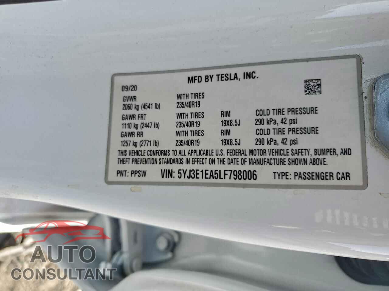TESLA MODEL 3 2020 - 5YJ3E1EA5LF798006