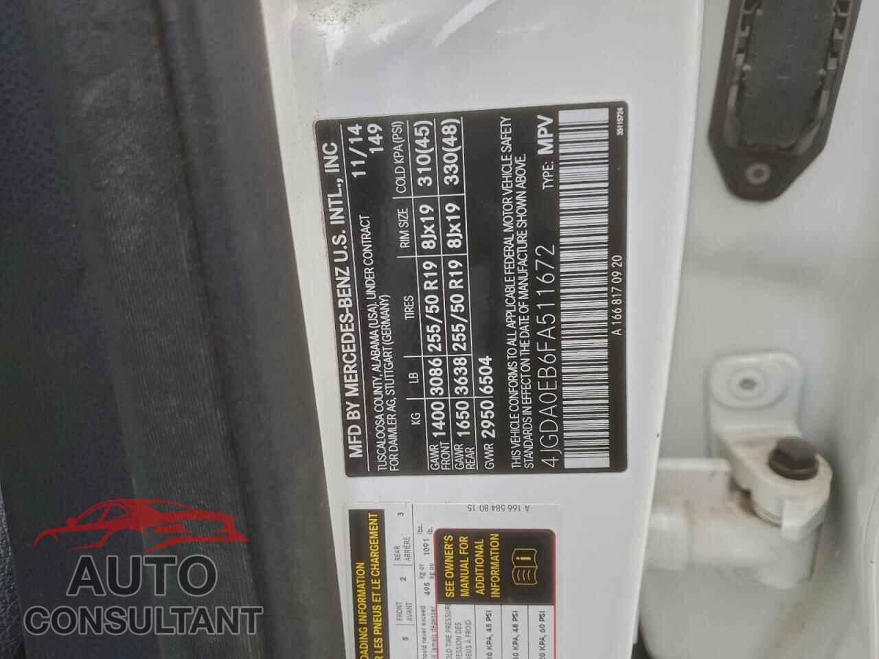 MERCEDES-BENZ M-CLASS 2015 - 4JGDA0EB6FA511672