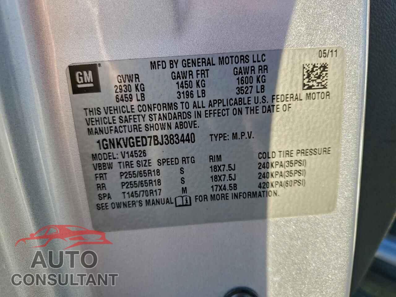 CHEVROLET TRAVERSE 2011 - 1GNKVGED7BJ383440