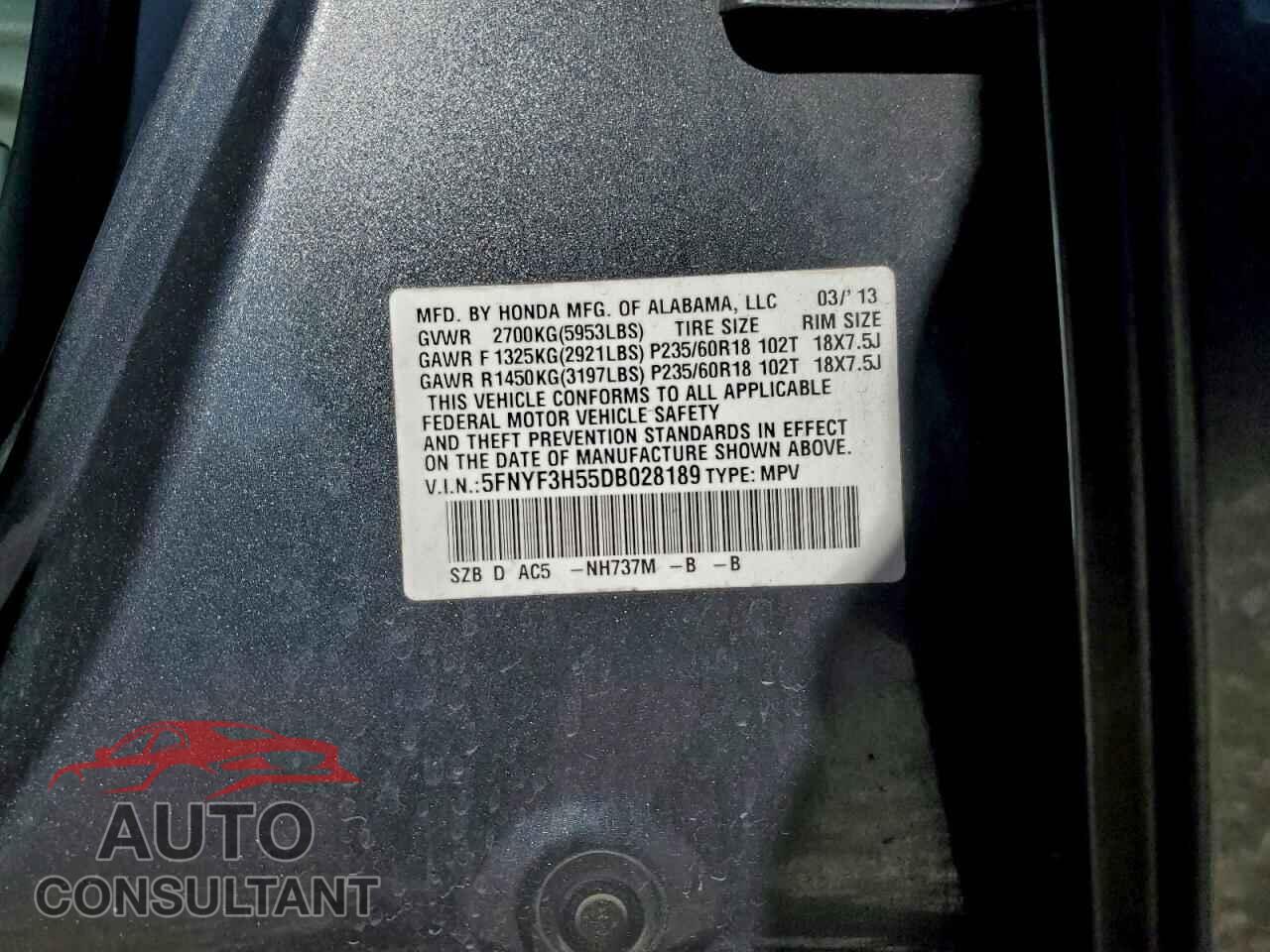 HONDA PILOT 2013 - 5FNYF3H55DB028189