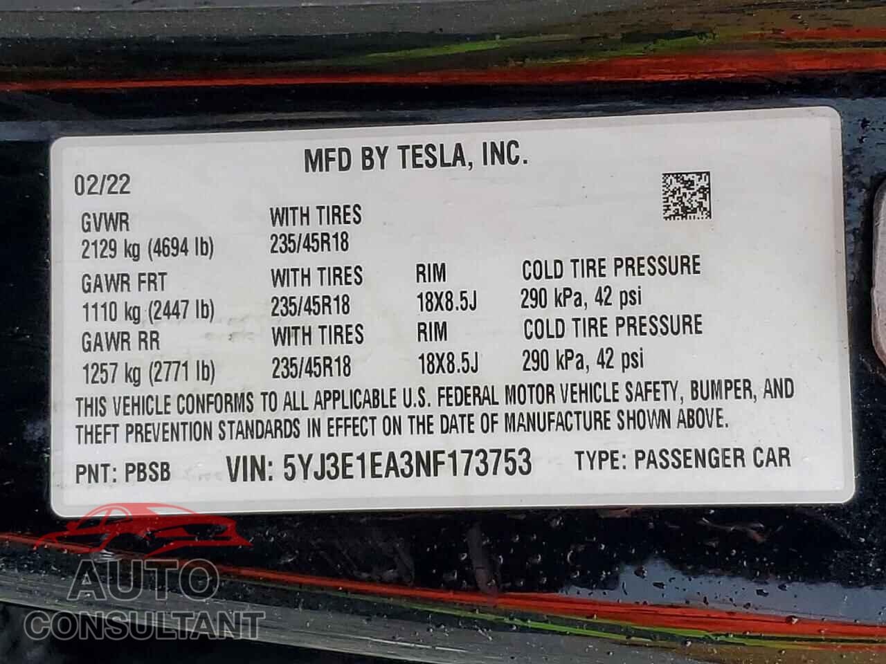 TESLA MODEL 3 2022 - 5YJ3E1EA3NF173753
