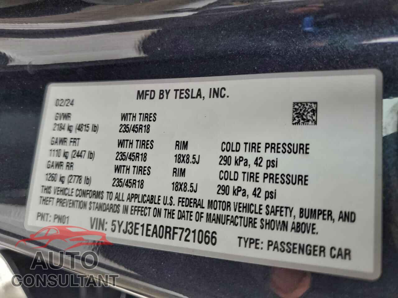 TESLA MODEL 3 2024 - 5YJ3E1EA0RF721066