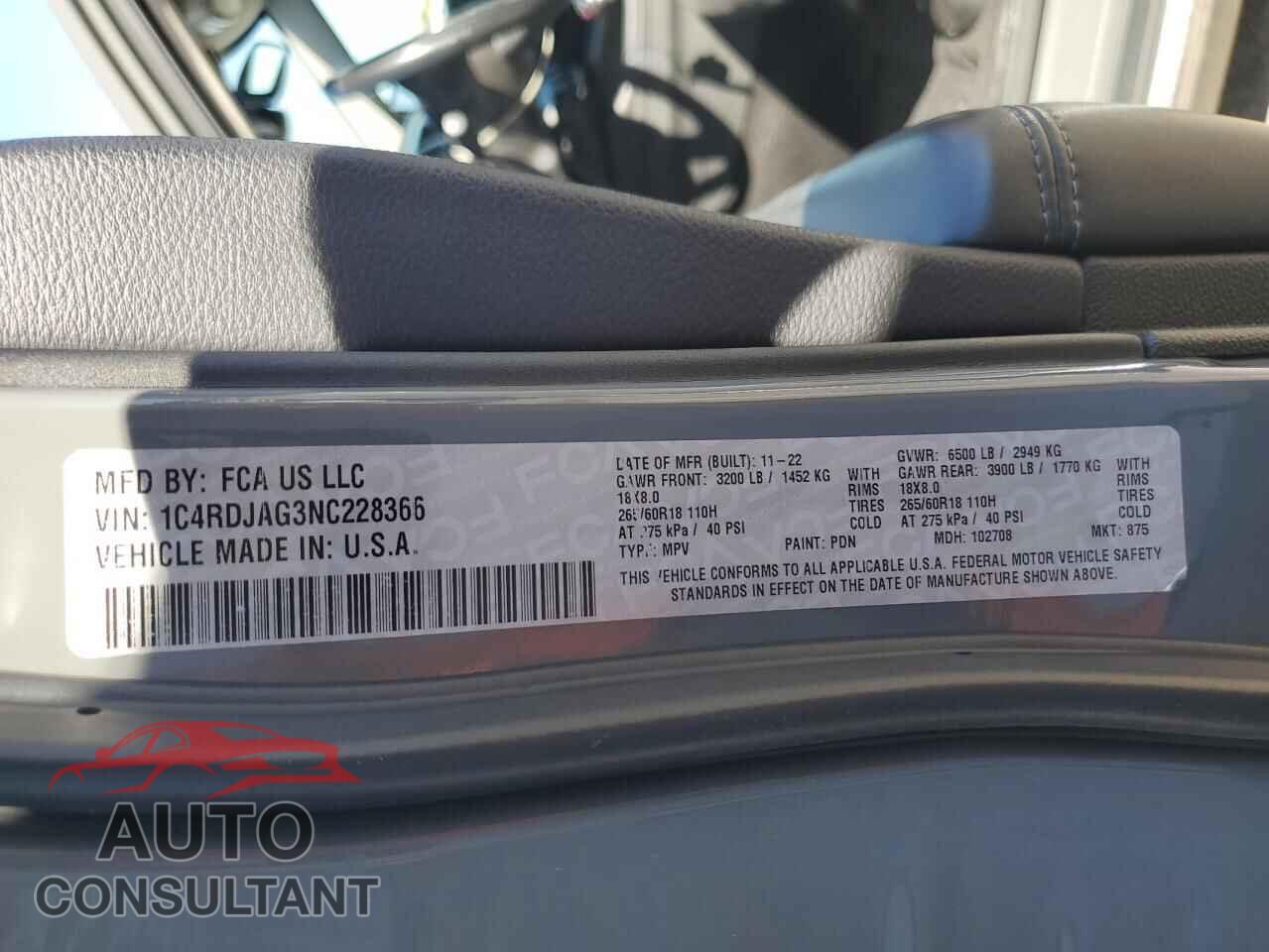 DODGE DURANGO 2022 - 1C4RDJAG3NC228366