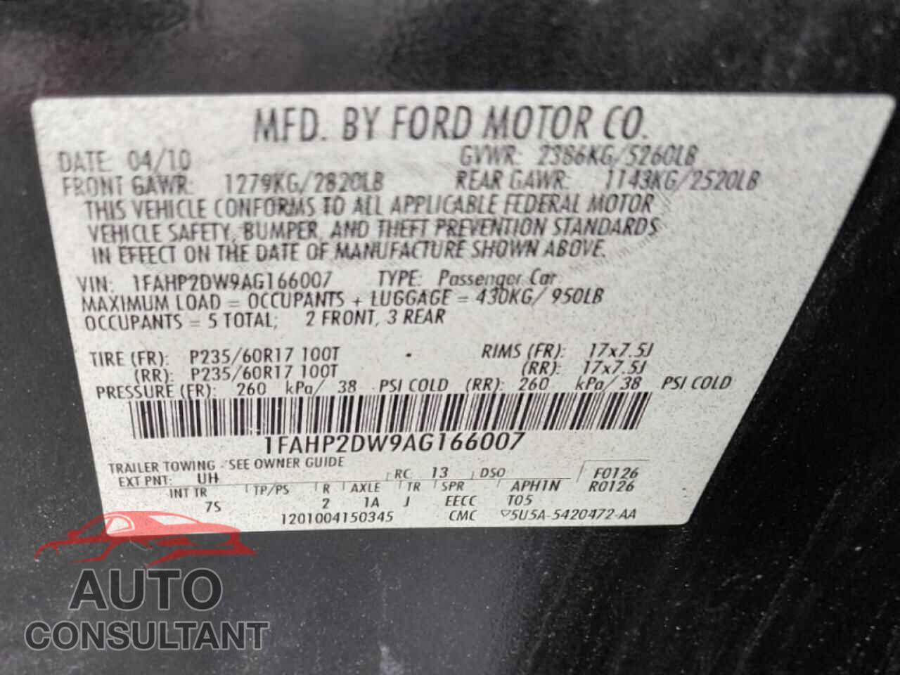 FORD TAURUS 2010 - 1FAHP2DW9AG166007
