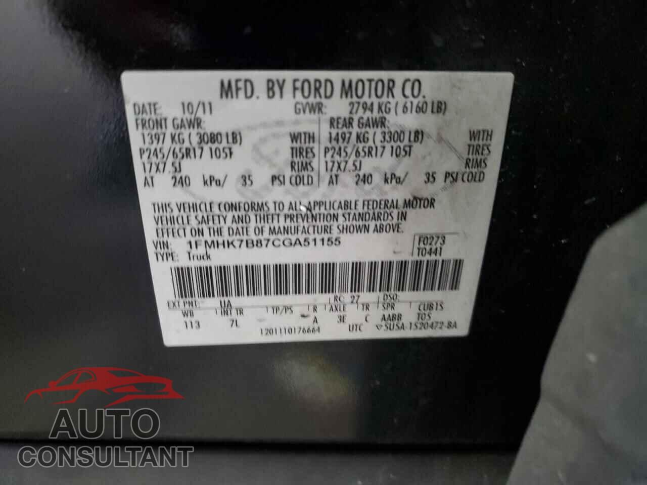 FORD EXPLORER 2012 - 1FMHK7B87CGA51155