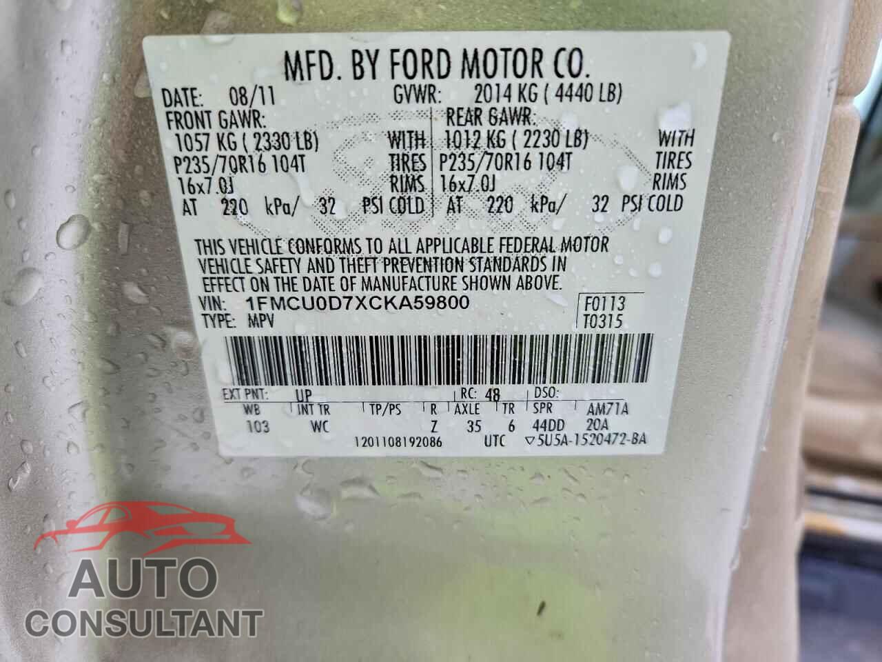 FORD ESCAPE 2012 - 1FMCU0D7XCKA59800