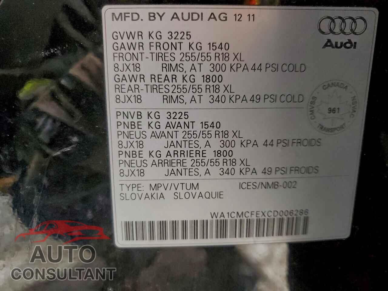 AUDI Q7 2012 - WA1CMCFEXCD006286