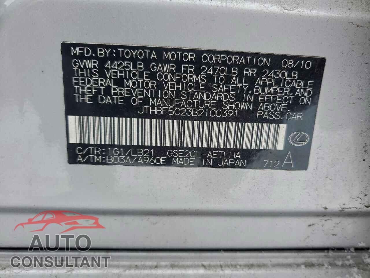 LEXUS IS 2011 - JTHBF5C23B2100391