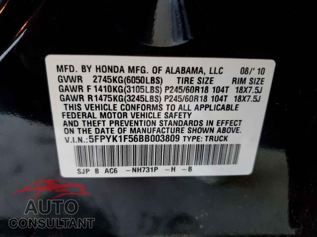 HONDA RIDGELINE 2011 - 5FPYK1F56BB003809