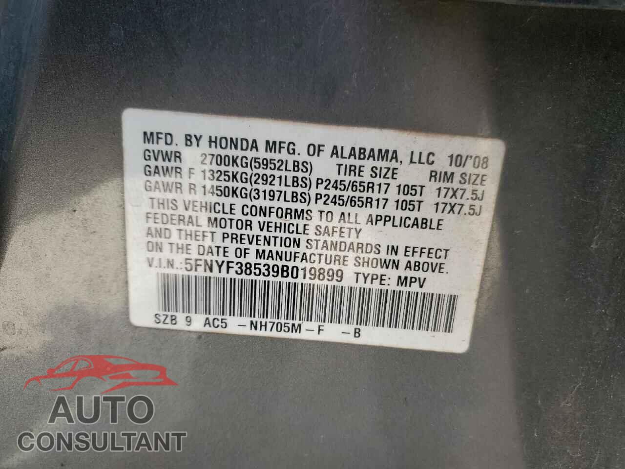 HONDA PILOT 2009 - 5FNYF38539B019899