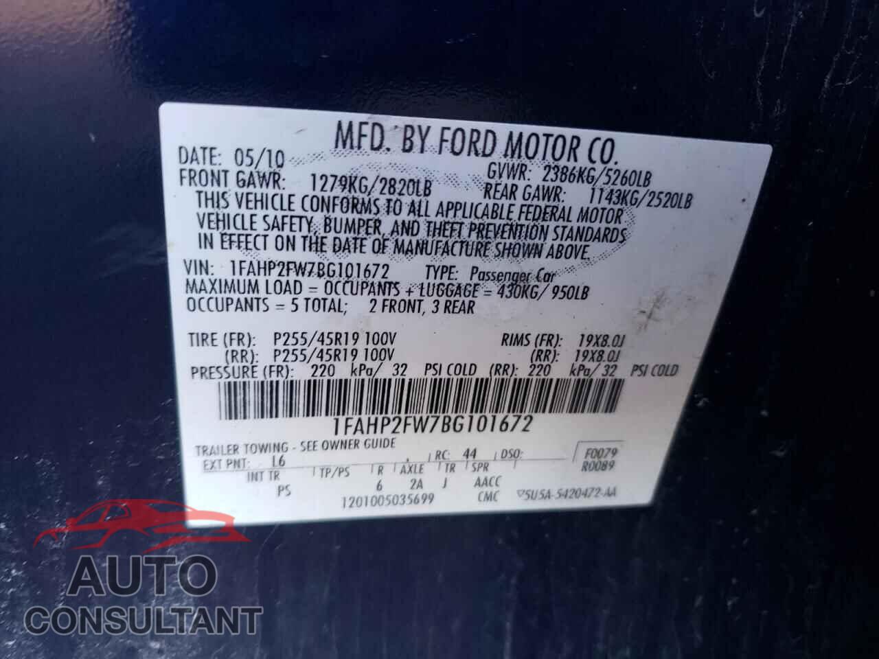 FORD TAURUS 2011 - 1FAHP2FW7BG101672