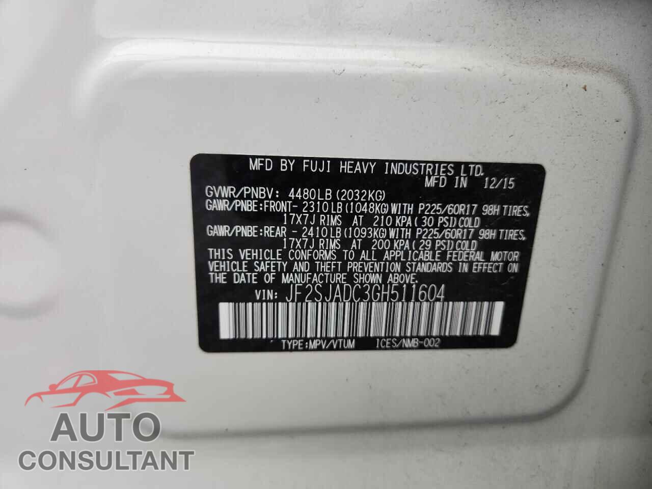 SUBARU FORESTER 2016 - JF2SJADC3GH511604