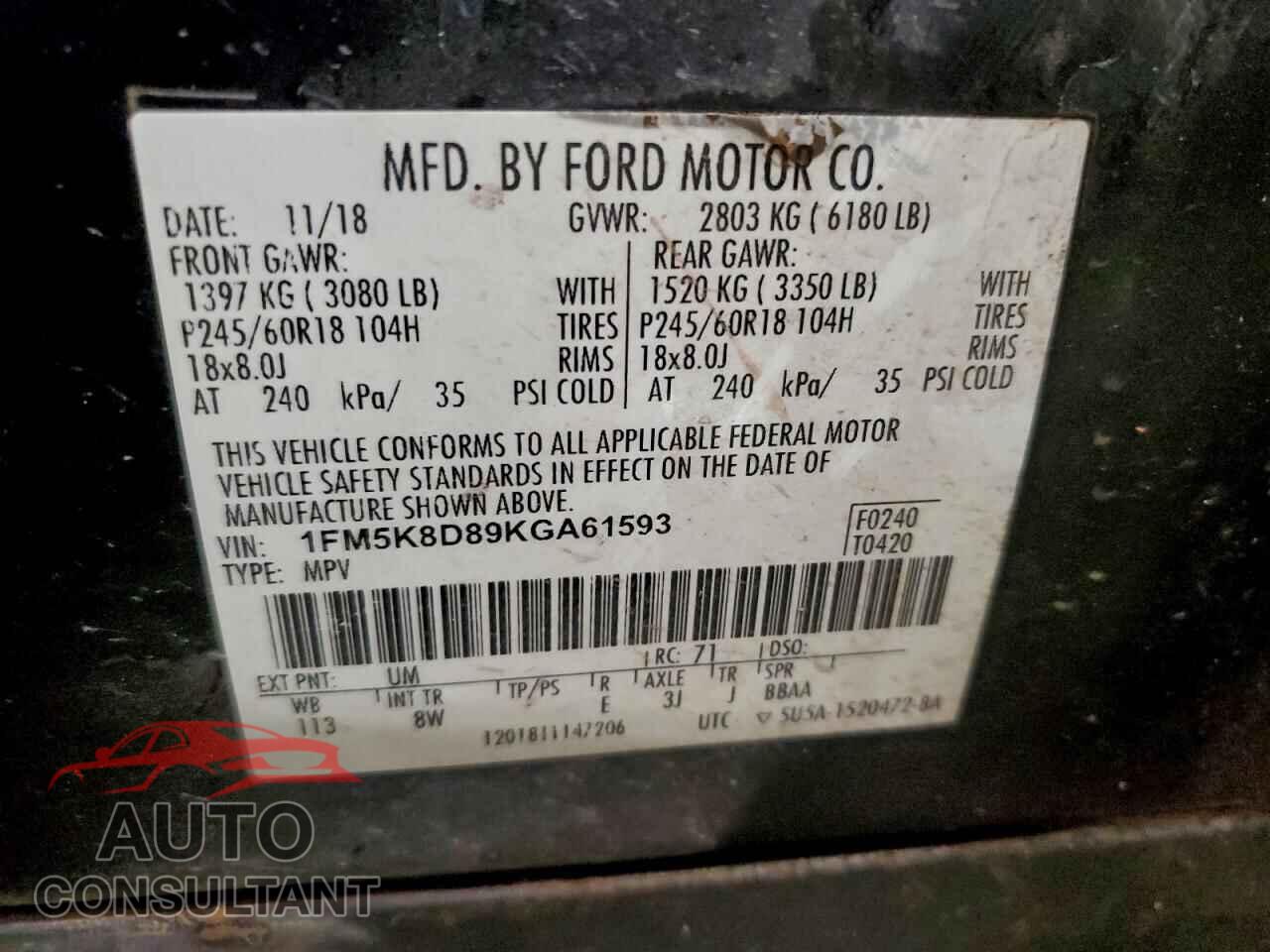 FORD EXPLORER 2019 - 1FM5K8D89KGA61593