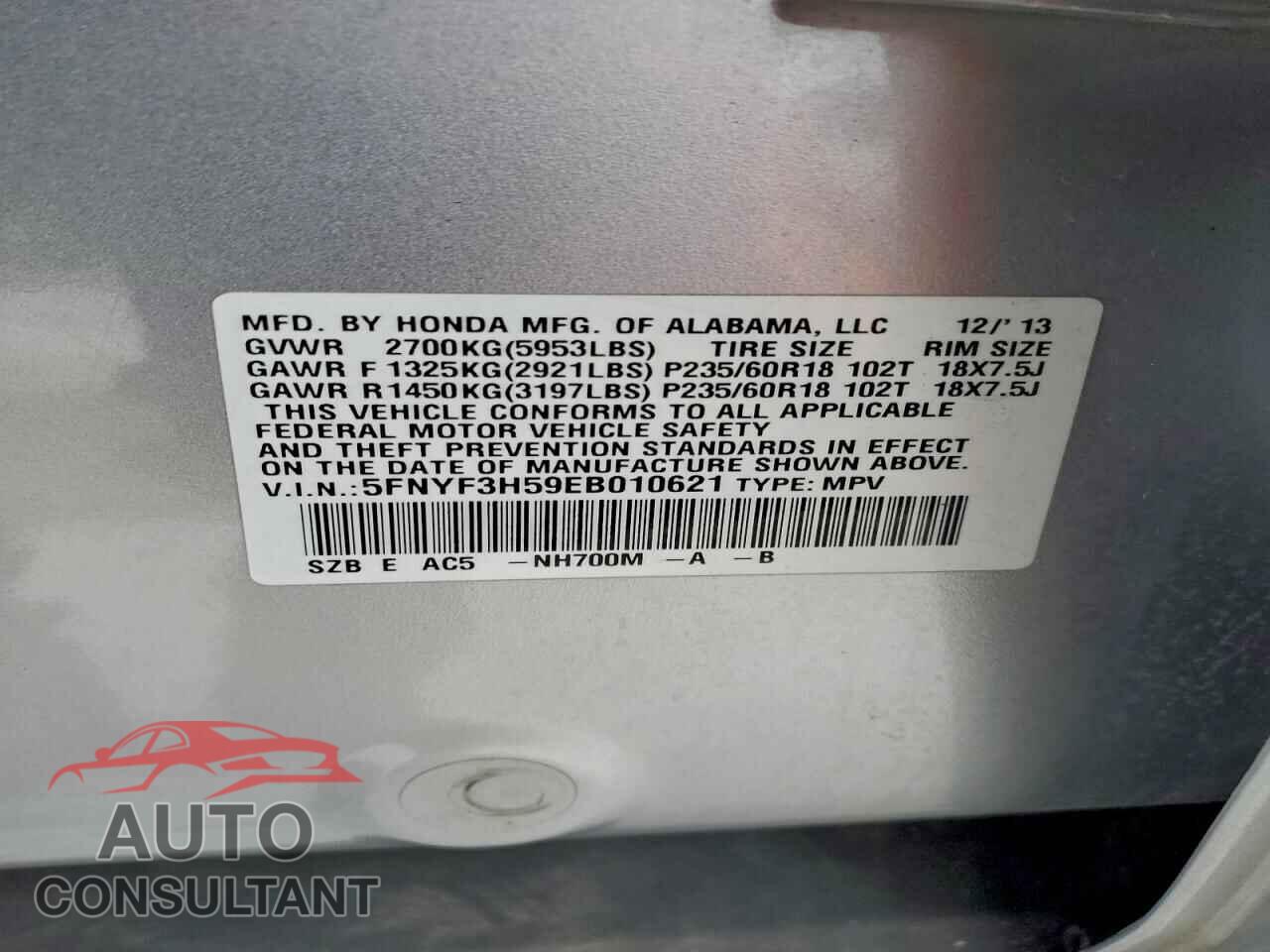 HONDA PILOT 2014 - 5FNYF3H59EB010621