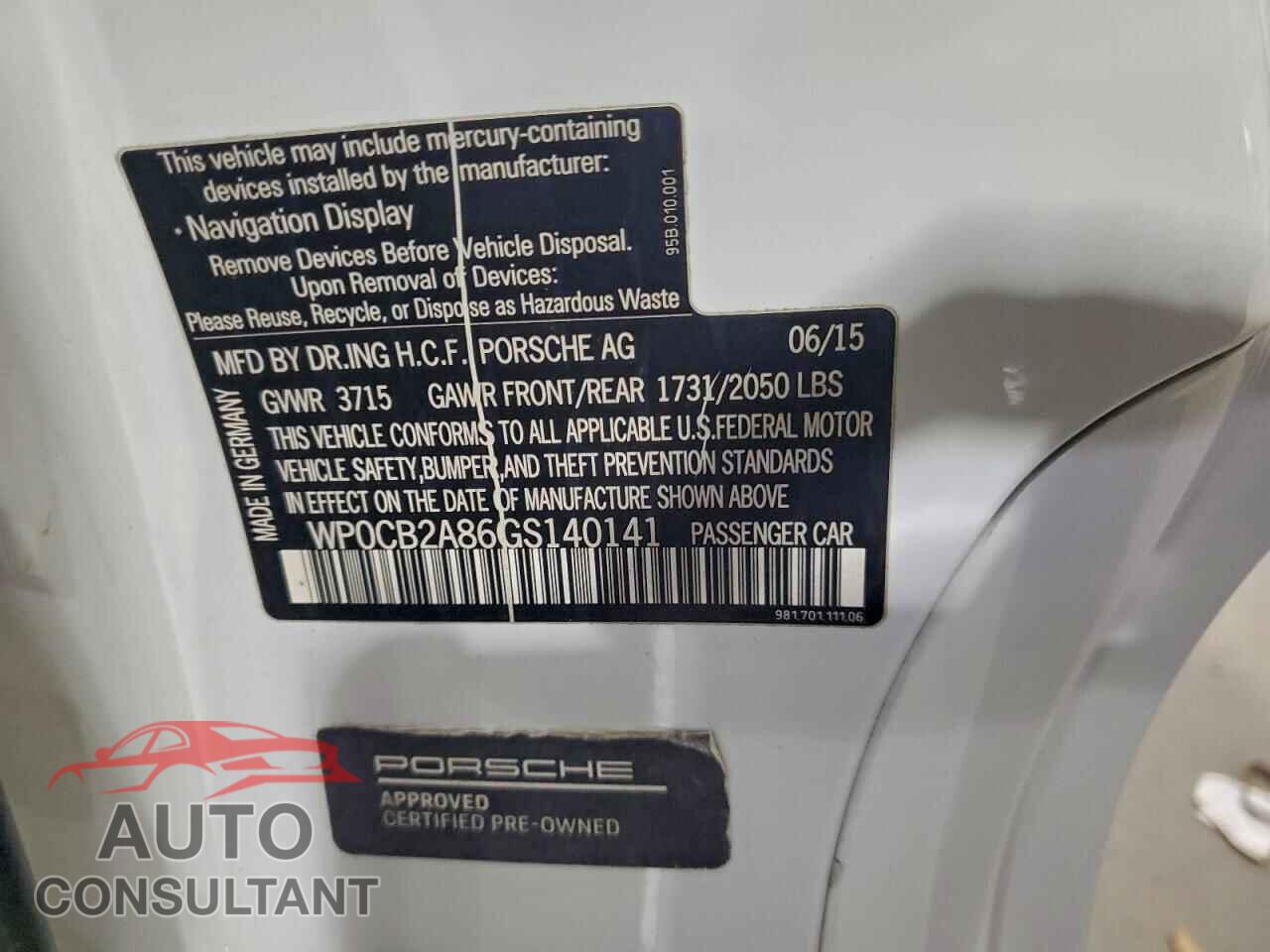 PORSCHE BOXSTER 2016 - WP0CB2A86GS140141
