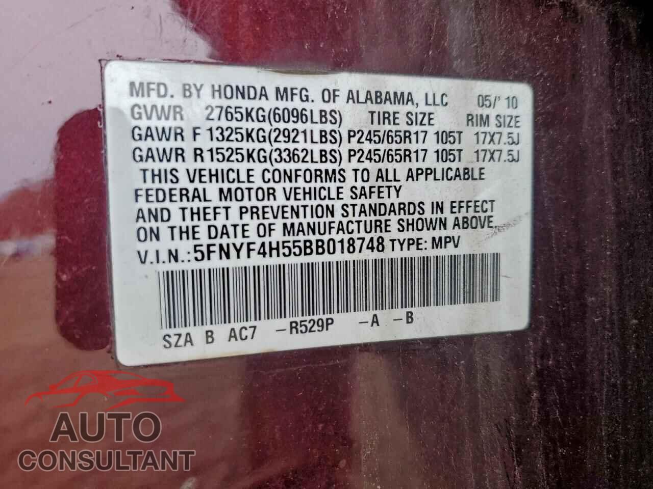 HONDA PILOT 2011 - 5FNYF4H55BB018748
